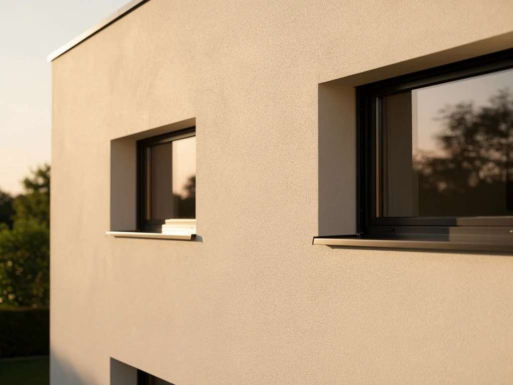 Façade enduite en finition minérale beige sur isolation extérieure en fibre de bois