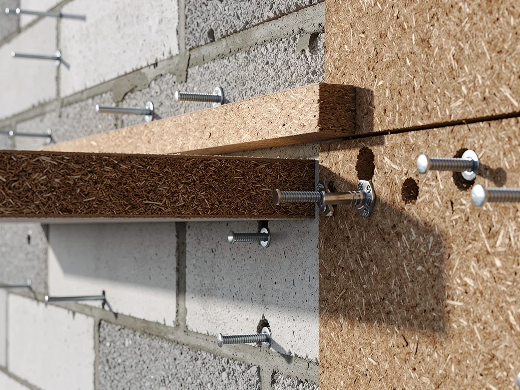 Pose de panneaux rigides en fibre de bois rainurés et chevillés sur un mur maçonné